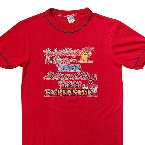80s Vintage “Best Things in Life are Free” T-shirt Iron On Angel Devil Cartoon. - Picture 3 of 8